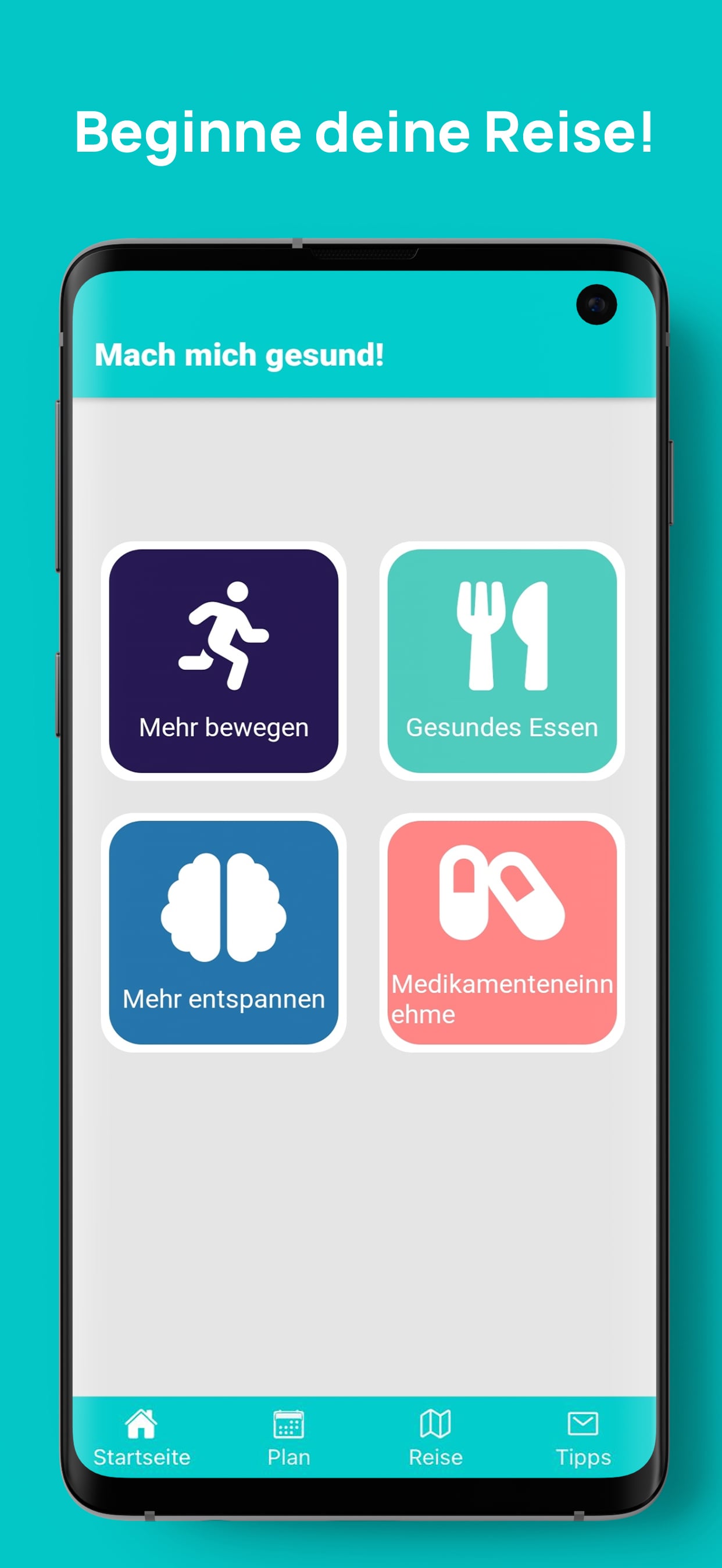 Amygdala app home screen showing movement, nutrition, relaxation and medication habit tiles